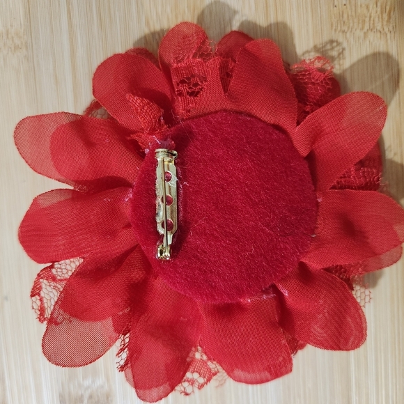 Hand Crafted Red Floral Brooch Lace Fabric Pin Flower Brooch - Picture 3 of 7